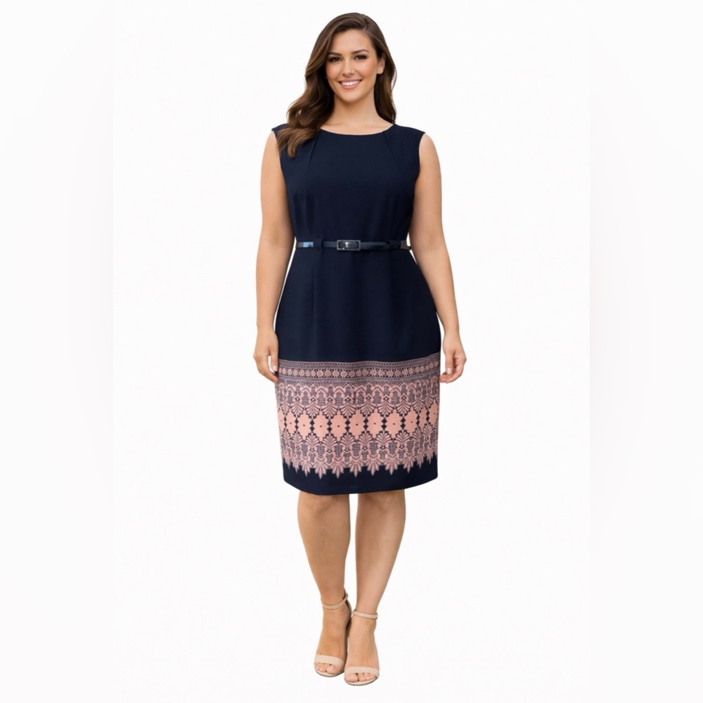 ILE NY Dress 16 Navy Blue Pink Stretch Sheath w Belt Washable Sleeveless